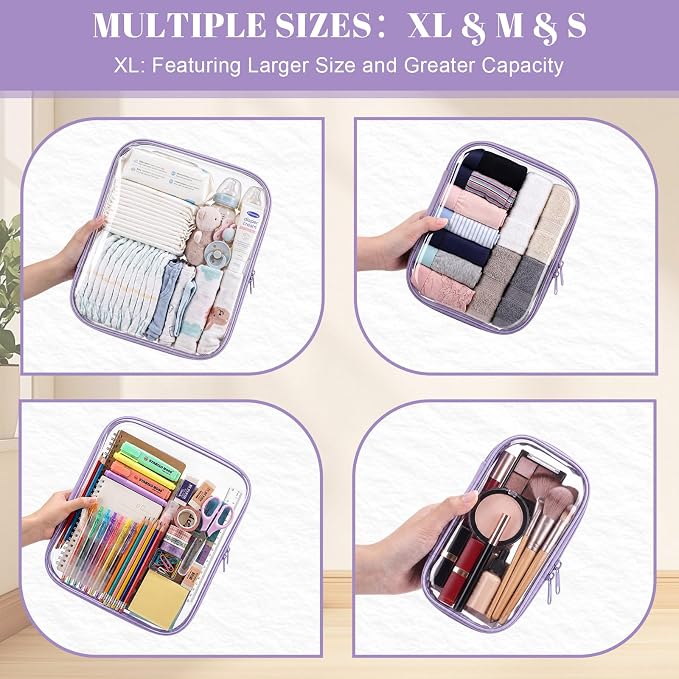 12 Pack Clear Hard Shell Zipper Case with 40 Labels, X-Large/Medium/Small Stackable Clear Pouches, Crush-resistant Travel Toiletry Bag Organizer for Makeup Board Games Electronics (Purple) - Image 6