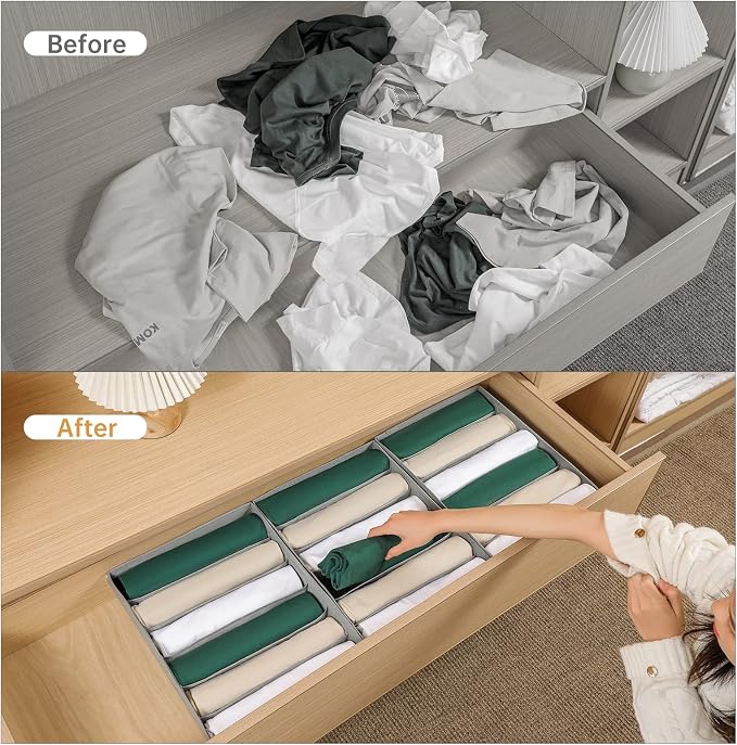 4 Packs T-shirt Drawer Organizers for Clothing,6 Grids Compartment Wardrobe Storage Box, Washable Clothes Organizer for Folded Clothes, T-shirt, Legging-15.75 * 11.81 * 3.93 in - Image 2