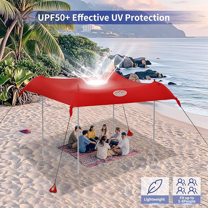 UMARDOO Family Beach Tent Canopy Sun Shade Portable, Large Compact Beach Sun Shelter Easy Setup with Packable Bag for Outdoor Travel (Red, 12X12 FT.) - Image 4