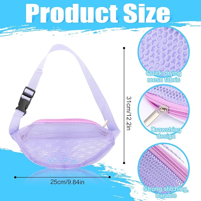 Kinlop 8 Pcs Beach Mesh Fanny Pack with Adjustable Straps, Sea Shell Collecting Bags for Coast, Lightweight Waist Pack for Picking up Seashells Rock Storing Clothes Vacation Travel Beach Essentials - Image 2