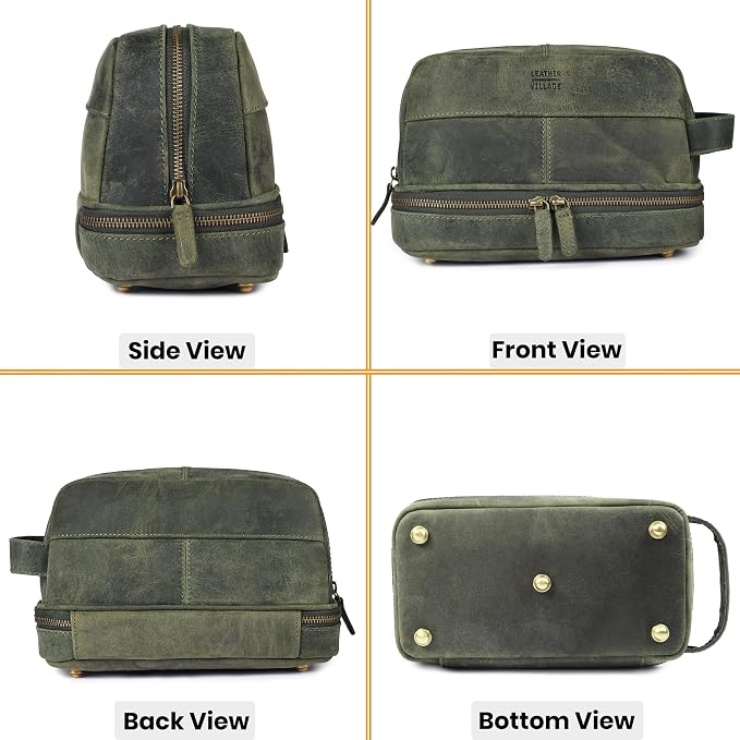 LEATHER VILLAGE Genuine Leather Dopp Kit - Travel Bag with Waterproof Lining, Large Capacity Toiletry Bag, Dual-Zip Design for Men & Women, Shaving & Bathroom Essentials Organizer - Olive - Image 6