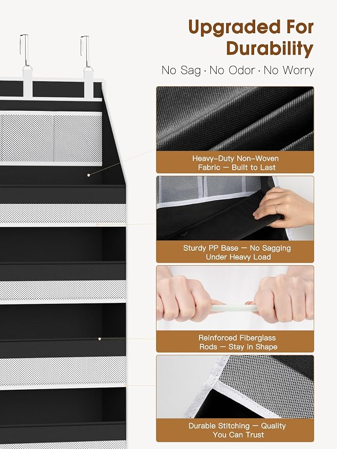 Criusia Over the Door Organizer, Heavy-Duty 6-Shelf Hanging Storage with 13 Mesh Pockets, 55lbs Capacity Behind the Door Storage for Nursery, Bathroom, Bedroom, and Dorm, Black - Image 3