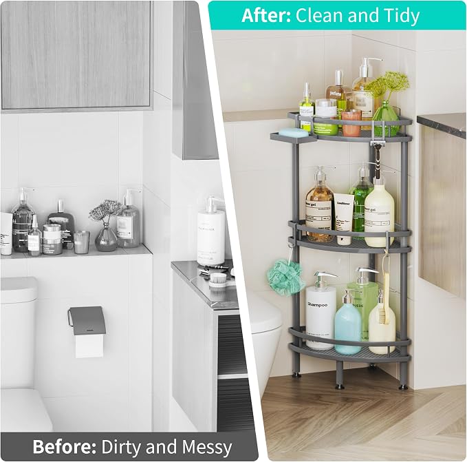 HapiRm Standing Corner Shower Caddy - 3 Tier Shower Organizer Corner with Soap Holder and 4 Hooks, Rustproof Bathroom Storage Shelves with Adhesives, Grey - Image 6