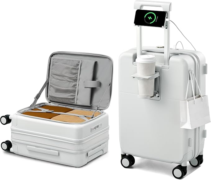 Hanke 20 Inch Expandable Carry On Luggage with Cup Holder 22x14x9 Airline Approved, Top Opening Hard Shell Suitcases with Wheels, Carry-On Travel Suitcase Trunk Luggage with Lock, Smoke White by Hanke