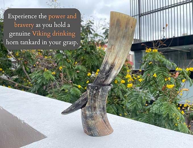 OLDEMPEROR Viking Drinking Horn - 12 Inch with Horn | Handmade Beer Cup | Food Grade | Unique Genuine Ox with Iron Stand | Natural Shine Finish | Chirstmas Viking Gift for Men & Women