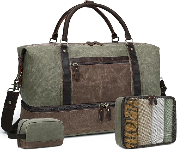 Waxed Canvas Duffel Bag with Shoe Compartment | 3-Piece Oversized Weekender Set Genuine Leather Trim Vintage Travel Carry-On Overnight Bag - Image 9
