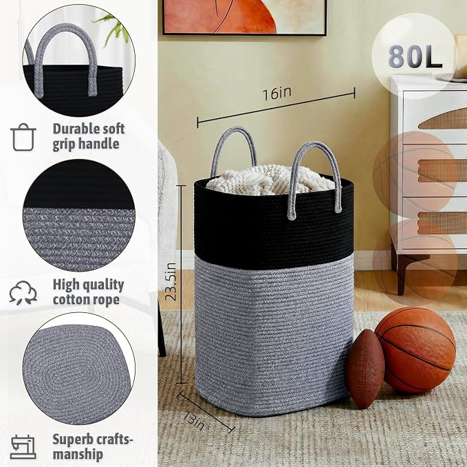 Laundry Basket,Woven Cotton Rope Laundry Hamper,Versatile Storage for Dirty Clothes,Baby Toys,and Blankets in Bathroom, Nursery,and Living Room (Black, 80L) - Image 2
