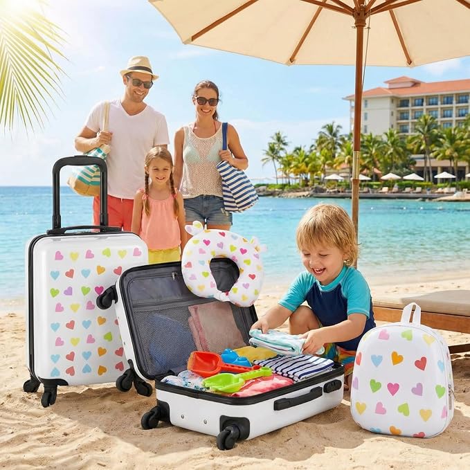 Sanwuta 4 Pcs Kids Luggage Set Back to School Gifts for Girls Boys Carry On Rolling Suitcase Backpack Neck Pillow Travel Set(20 Inch,Heart Style,White) - Image 8