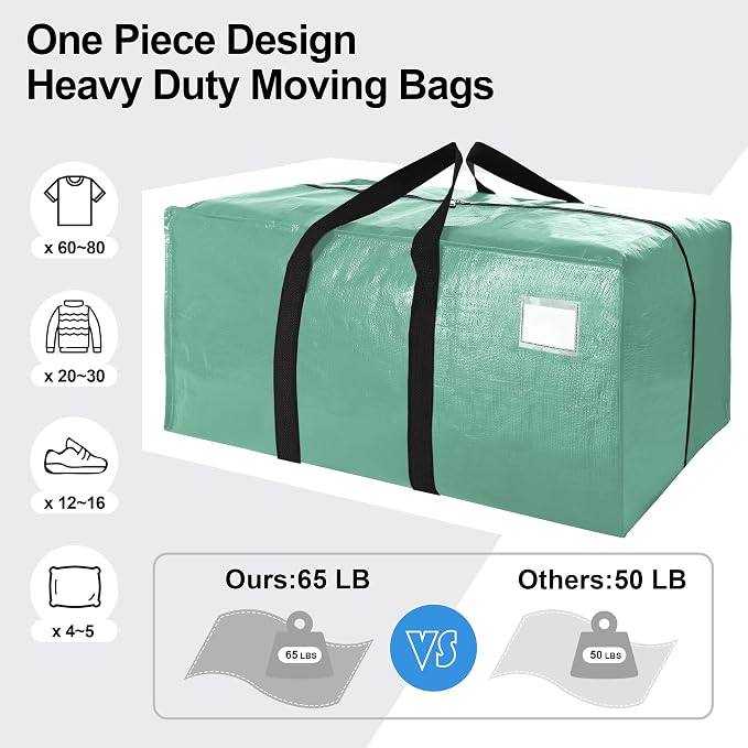 VELVETSURE 12 Pack Heavy Duty Large Moving Bags W/Backpack Straps - Strong Handles & Zippers, Storage Totes For Space Saving, Fold Flat, Alternative to Moving Box and Storage Bin, Teal - Image 5