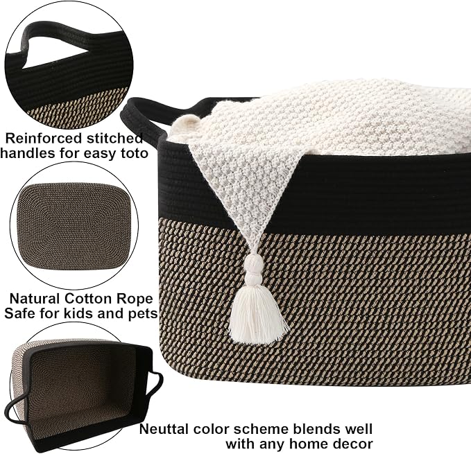 65L Collapsible Woven Rope Laundry Basket with Handles,Black/Jute | 21x16x12 Foldable Rectangular Blanket Basket for Toys, Clothes & Pillows,Ideal for Nursery, Bathroom, Bedroom, Living Room - Image 3