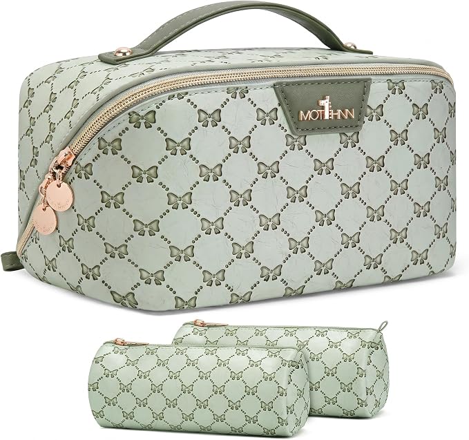Travel Makeup Bags for Women: 3 Pcs Set Luxury Bow Print Make up Bag - Large Capacity Cosmetic Case - 3–15 Day Travel Toiletry Organizer Bag, Comes with An Gift Box(Ragweed green) by Unknown