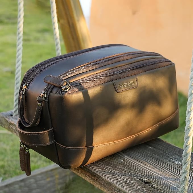 Polare Full Grain Leather Toiletry Bag for Men Large Travel Cosmetic Case Dopp Kit Shaving Kit Wash Pouch with YKK Zippers - Image 2