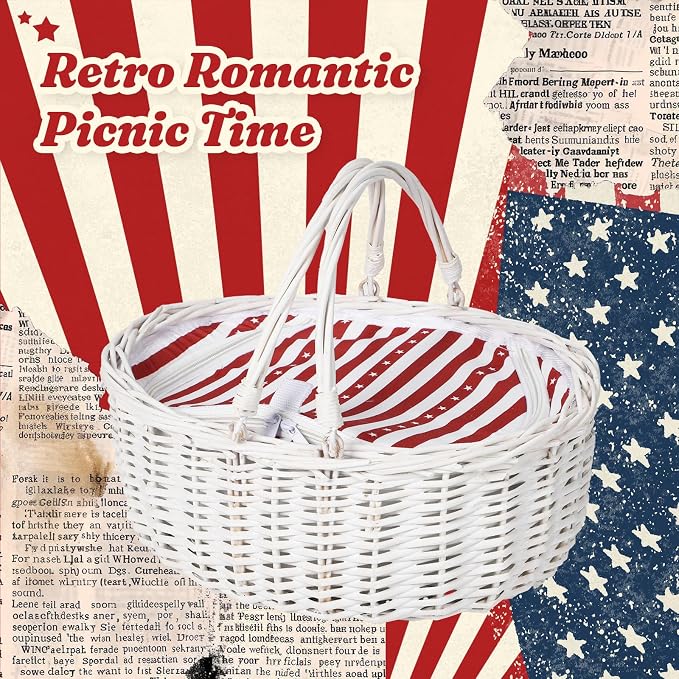 Wicker Picnic Basket with Insulated Lined Bag 15“ x 11” x 7“ Red, White Star Stripe Pattern, Iced Beer Insulated Bag for Camping, Picnics, Birthday Gifts, Wedding Gifts - Image 8