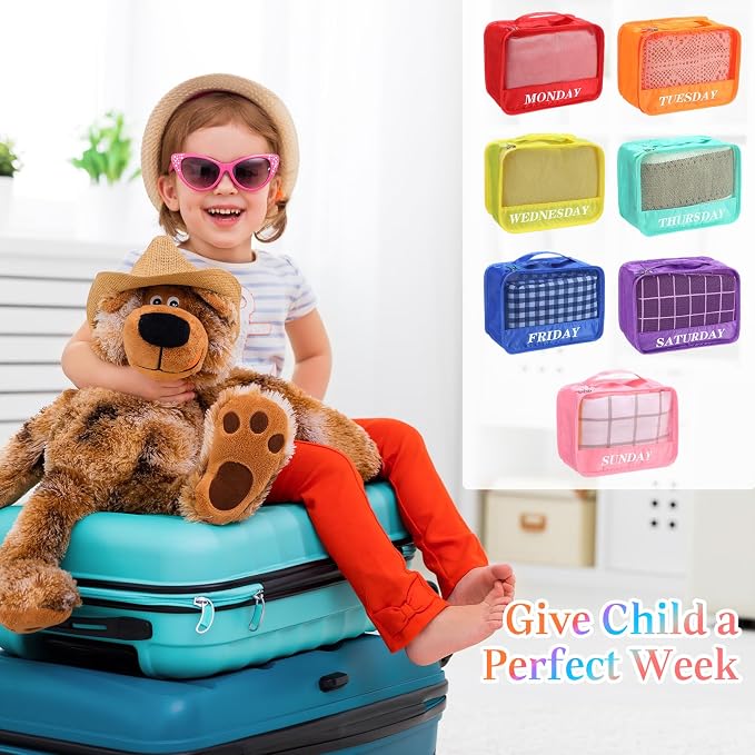Days of Week Packing Cubes Summer Camp Essentials Weekly Organizer Storage Bag School Clothes for Travel Kids Family(9x7x3inch,Rainbow,32) - Image 2