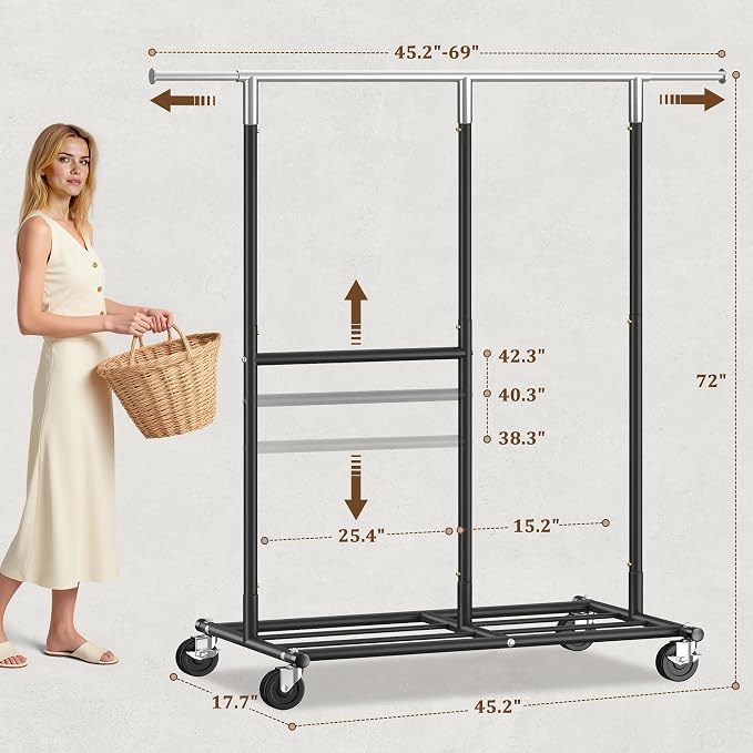 Raybee 72" H Rolling Clothes Rack, 450 LBS Clothing Rack with Sturdy Wheels, Double Rod Metal Garment Rack for Bedroom, Laundry Room, Halway, Commercial, Black - Image 7