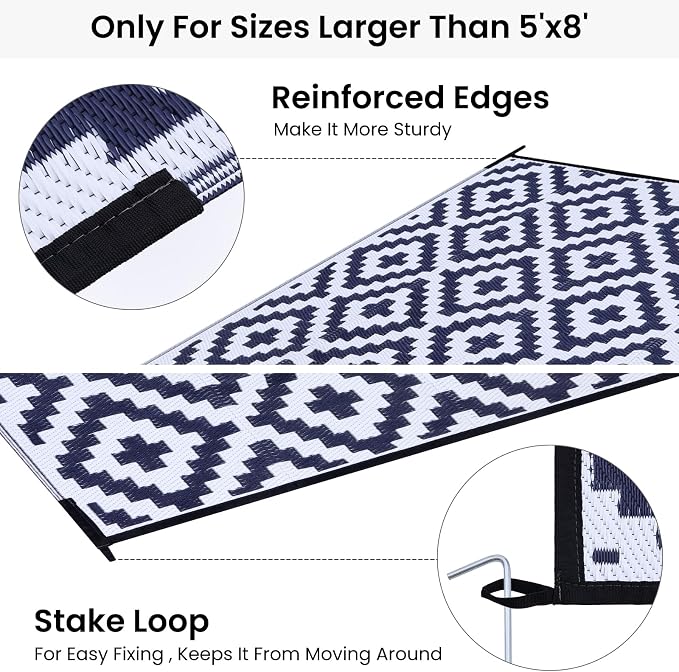 Smiry Waterproof Outdoor Rug 9x12 ft, Reversible Plastic Straw Patio Camping Rugs, Outdoor Indoor RV Mat Carpet for Patio, Outside Entry, Backyard, Deck, Bench, Picnic, Camper, White & Navy - Image 4