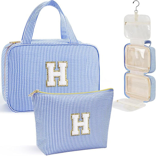 YOOLIFE Travel Toiletry Bag for Women - Hanging Toiletry Bag, Personalized Initial Toiletry Bags for Traveling Women, Portable Travel Toiletry Bag for Toiletries, Cosmetics - Letter H,Blue