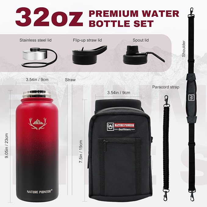 NATURE PIONEOR 32 oz Insulated Water Bottle with Carrier Bag & 3 Lids | 18/8 Food-grade Stainless Steel, Double Vacuum Insulation, 3 Leak-proof Lids, Strap, Camping, Hiking, Gym, Work - Image 6