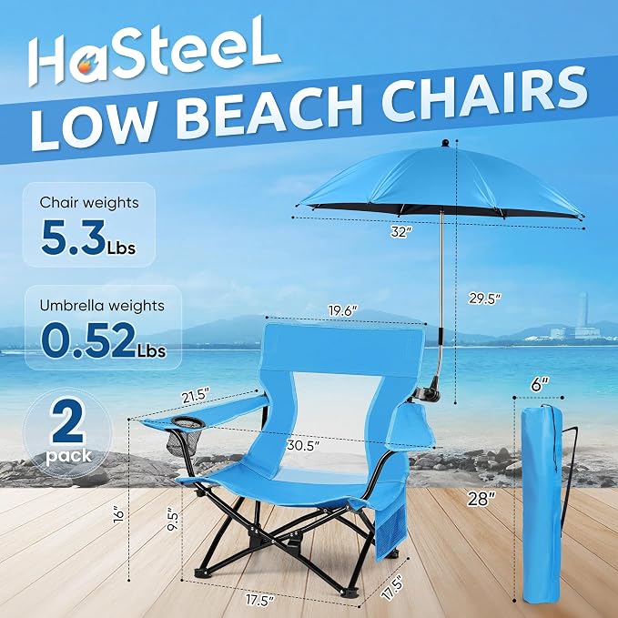 HaSteeL Low Beach Chair Set of 2, Foldable Blue Camping Chair with Adjustable Umbrella Set for Adults, Lightweight Portable Lawn Chairs for Fishing, Picnic, Outdoor BBQ, Travel, Sports - Image 2