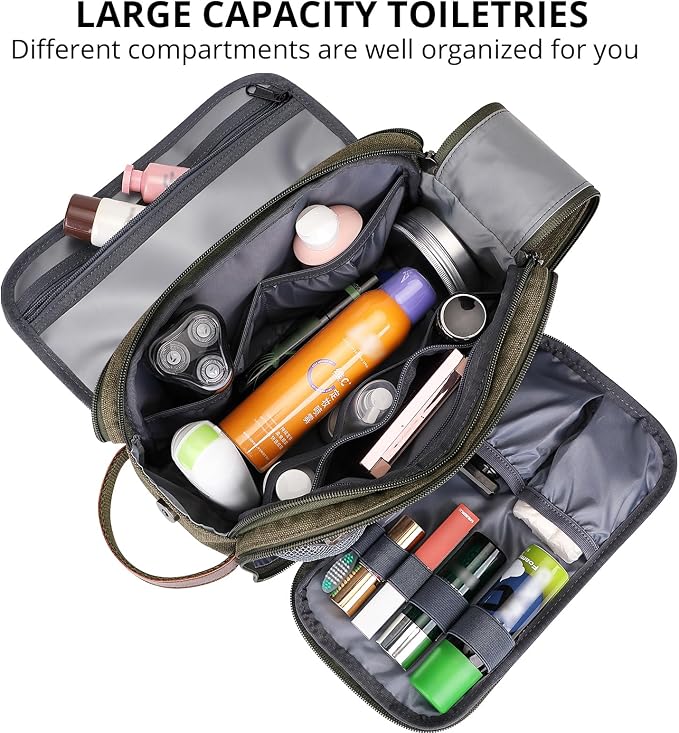 WITZMAN Canvas Toiletry Bag for Men Travel Toiletries Large 7L Dopp Kit | Multi-pockets with Dry-wet Pocket, Side Handle for Hanging, Lightweight, For Daily Use, Bathroom, Make up, A8002 Army Green - Image 3