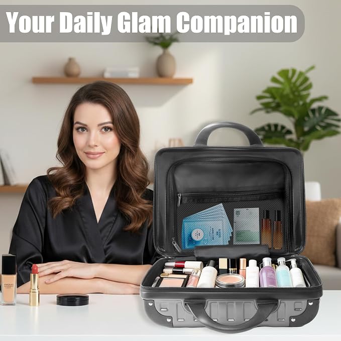 14 Inch Portable Waterproof Hard Shell Travel Makeup Case (Gray) | with Lock, ABS Scratch-Proof, Carrying Cosmetic Organizer Case with Elastic Band, Mini Suitcase Vanity Case for Women Girl - Image 8