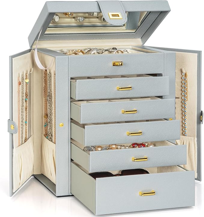 AKOZLIN 6-Tier Jewelry Box Organizer Functional 5 Drawers Leather Jewelry Storage Case for Women Girls Ring Necklace Earring Bracelet Holder Organizer with Mirror Grey Large by AKOZLIN