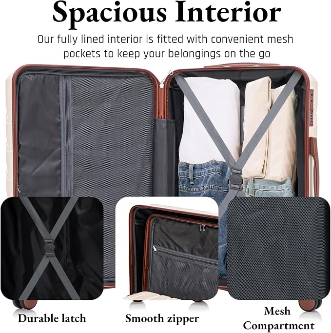 3-Piece ABS Spinner Luggage Set (20" 24" 28") with Combination Lock, Matching Hardshell Suitcases, Beige - Image 5