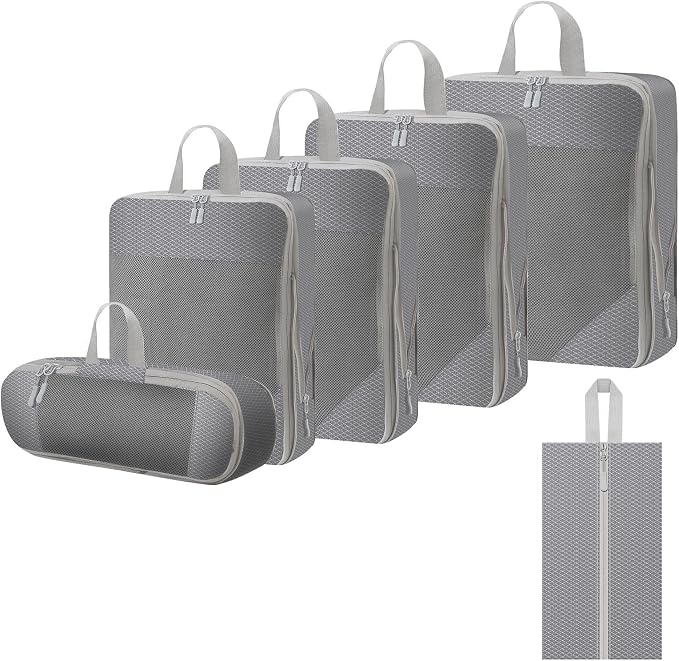 WOOMADA Compression Packing Cubes for Suitcases Travel Essentials 6 Set Rectangle Mesh Expandable Travel Bags Organizer for Luggage by WOOMADA