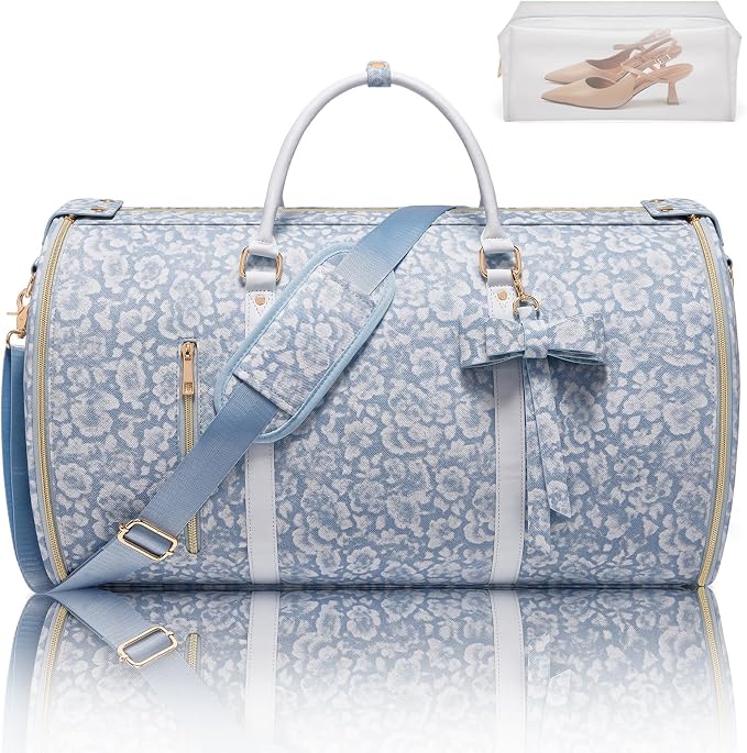 Travel Garment Bag for Women, Foldable Carry On Garment Duffle Bag 20.5x10x12.5 Inch, Convertible Overnight Bags with Shoe & Toiletry Pockets for Business Trip, Vacation, Party, Blue-White by STHMEOOHT