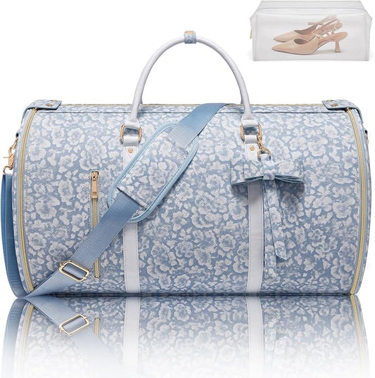 Travel Garment Bag for Women, Foldable Carry On Garment Duffle Bag 20.5x10x12.5 Inch, Convertible Overnight Bags with Shoe & Toiletry Pockets for Business Trip, Vacation, Party, Blue-White by STHMEOOHT