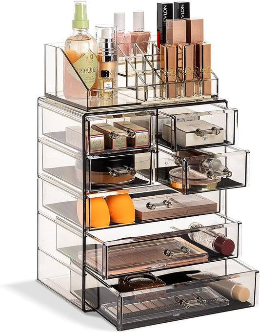 Sorbus Acrylic Makeup Organizer Set, 7-Drawer Vanity & Countertop Cosmetic Storage with Small & Wide Compartments, Black-Tint Makeup Storage for Brushes, Jewelry – Holiday Gift for Women & Teens by Sorbus