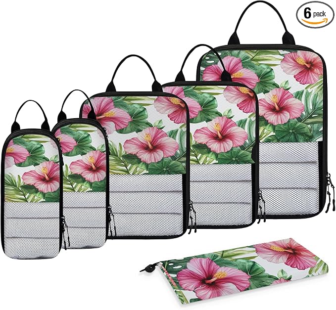 Floral Tropical 6 Set Compression Packing Cubes for Travel Luggage Carry On Suitcase Compressible Expandable Packing Cubes Organizers Bag by BICUUZHI
