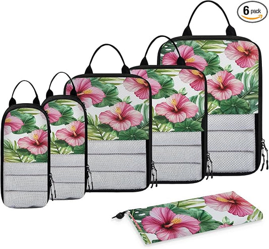 Floral Tropical 6 Set Compression Packing Cubes for Travel Luggage Carry On Suitcase Compressible Expandable Packing Cubes Organizers Bag by BICUUZHI