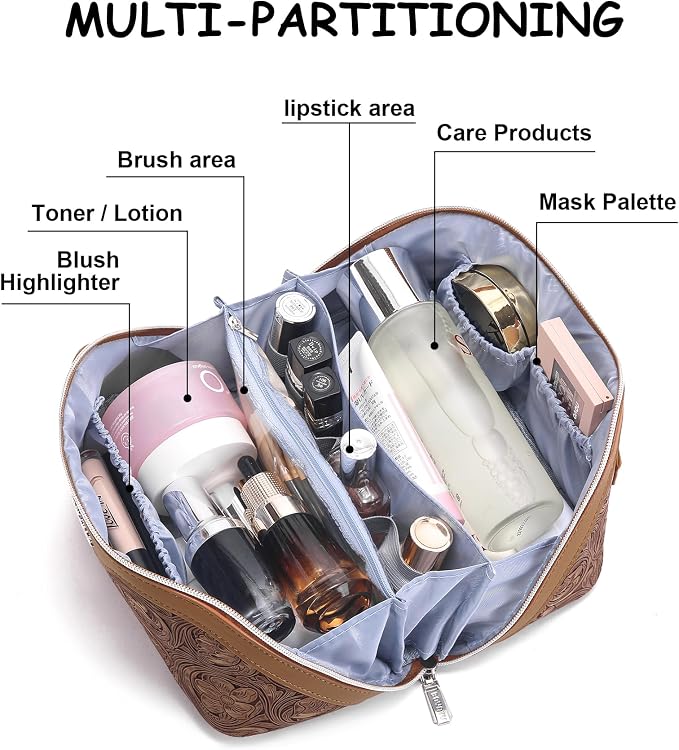 BOYATU Travel Makeup Bags Cosmetic Organizer Bag: 3 Pcs Set Large Capacity Floral Make up Bag with Compartments - Waterproof Leather Toiletry Bags with Handle for Women (19-Brown) - Image 3