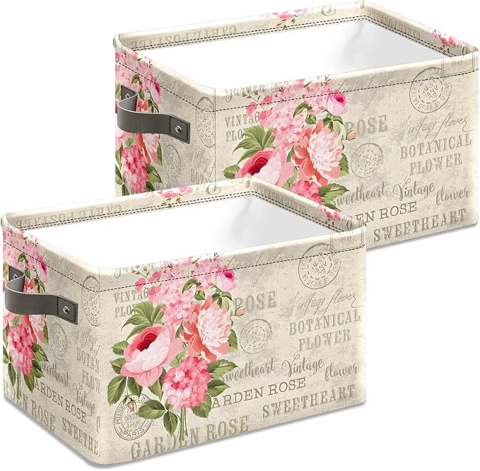 Vintage Rose Floral Foldable Baskets Storage Bins with Handles, Decorative Cloth Organizer Storage Boxes 2 sets - Image 4