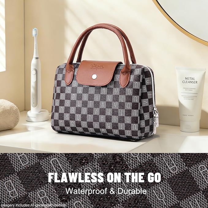 BOYATU Checkered Makeup Bag Organizer with Handle: Large Travel Cosmetic Bag Holds 10+ 100ml Full-Size Bottles for Date & Trip - Waterproof Leather Toiletry Pouch 3-sec Touch-up for Chic Woman(Coffee) - Image 3