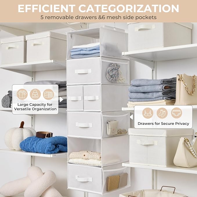 GRANNY SAYS Hanging Closet Organizer and Storage, 6 Shelf Clothes Organization with Drawers, 6 Side Pockets Closet Hanging Shelves for Bras, Socks, Underwear, Nursery Room, Wardrobe, White, 1-Pack - Image 6