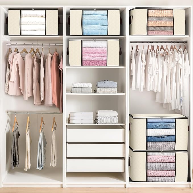 90L Large Storage Bags, 6 Pack Clothes Storage Bins Closet Organizers | Foldable Storage Containers, with Reinforced Handle, for Clothing, Blanket, Comforters, Bed Sheets, Pillows and Toys,Beige - Image 5