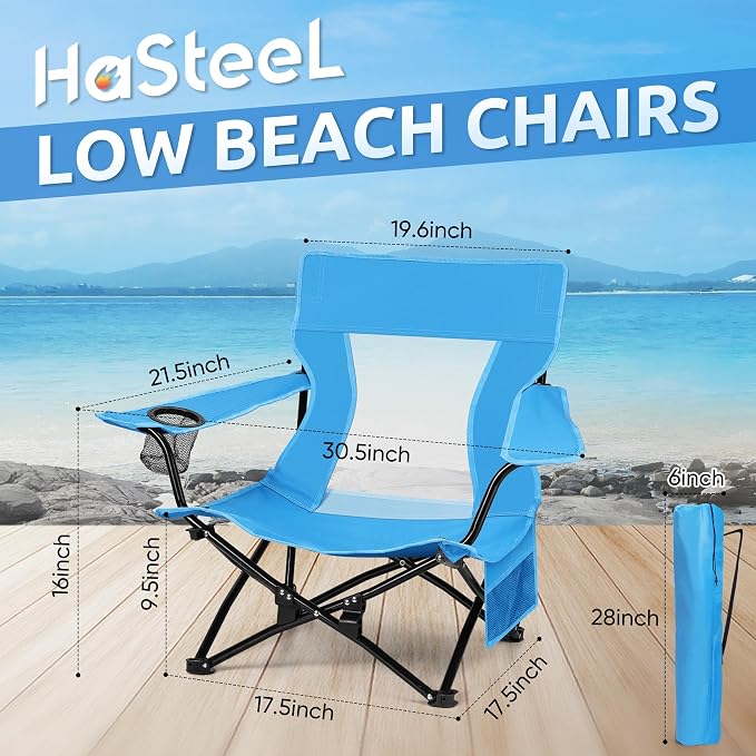 HaSteeL Folding Beach Chair Set of 2, Foldable Blue Camping Chairs for Outside, Low Beach Chair Portable for Adults Fishing, Picnic, Outdoor BBQ, Travel, Sports, Cup Holder & Storage Bag - Image 2