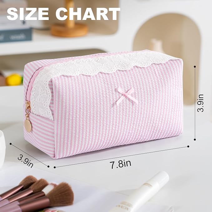 Makeup Bag Travel Toiletry Bag for Women, Small Cosmetic Bags with Lace Trim Cute Pink Stripe Aesthetic Organizer Makeup Pouch for Purse Emergency Bag Pencil Case Accessory Bag - Image 4