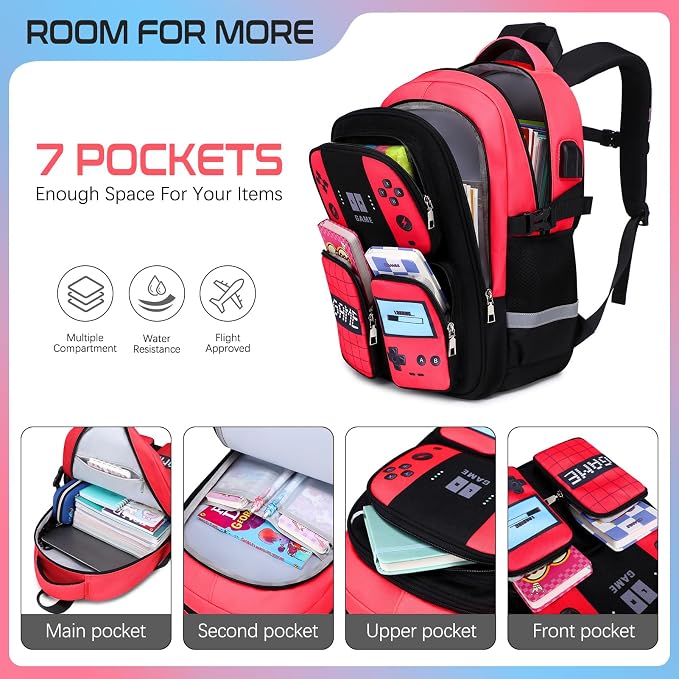 Jafeton Gamer Backpack for Boys, 3PCS Boys Backpack with Lunch Box & Pencil Pouch, Waterproof School Bags for Boy Kids Children Teens, Elementary Middle School, Kids Book Bag Casual Daypack (Red) - Image 3
