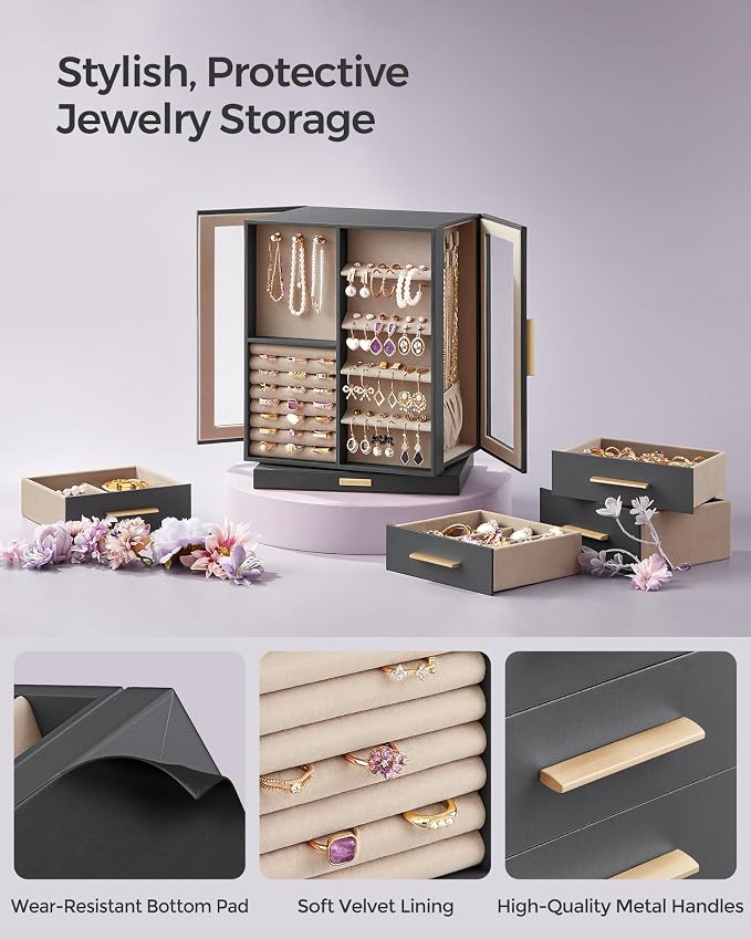SONGMICS GISELLA Collection - Jewelry Box Organizer 360° Rotating, Vertical Jewelry Storage Case with 5 Drawers, Glass Window, Spacious, Open Design, Great Gift, Slate Gray UJBC170G01 - Image 5