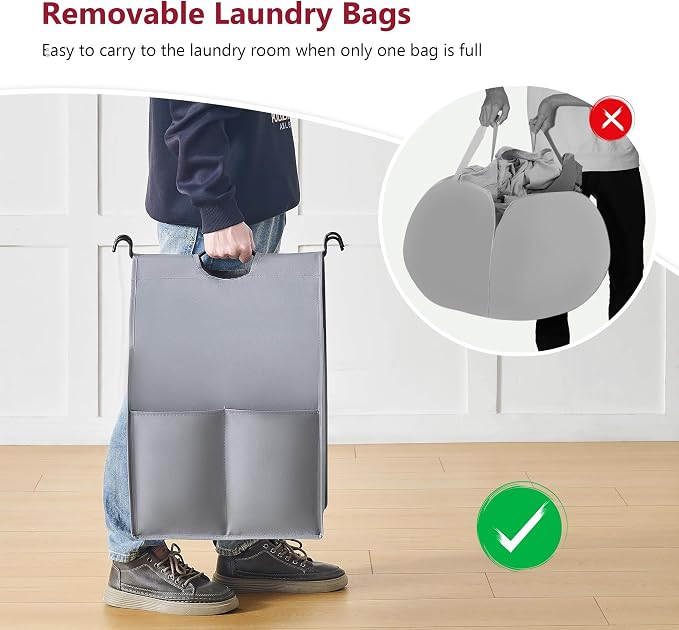 Tajsoon Laundry Sorter 4 Sections with Removable Bags, Beige & Grey | Laundry Separator Hamper with Heavy Duty Lockable Rolling Wheels, Laundry Divider for Dirty Clothes Storage - Image 3
