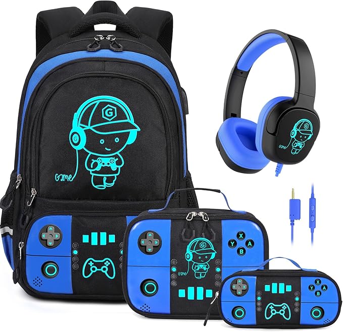 Bevalsa Backpack for School Boys,Cool Luminous Gamer Boys Backpacks with Wired Headphones Lunch Box Pencil Case,Kids Schoolbag for Teens Kindergarten Elementary School(Blue Backpack with Headphones) by Bevalsa