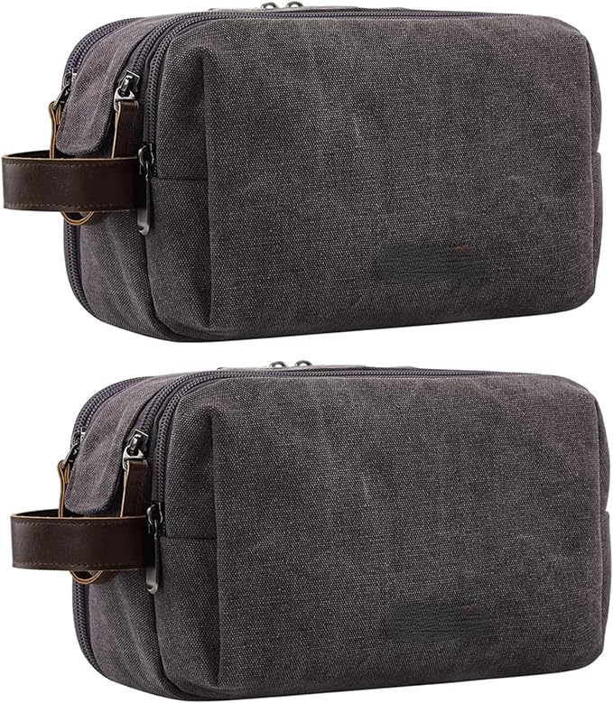 2Pack Men's Toiletry Bags Pu,Travel Toiletry Organizer, Waterproof Shaving Kit Pouch For storing daily essentials like toiletries and cosmetics,Black (Canvas Grey) by LAZYTAIL