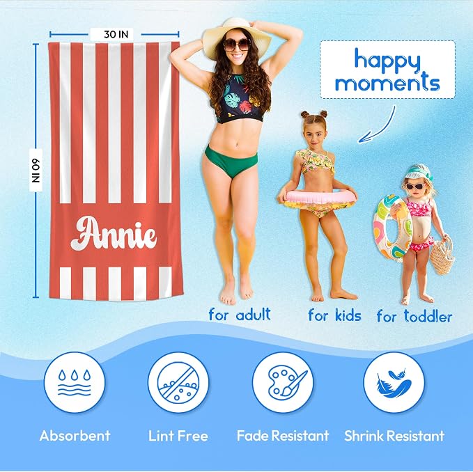 JML Personalized Beach Towel with Name, Custom Cabana Stripe Beach Towel, Customized Microfiber Pool Towel, Quick Dry & Absorbent Swim Towel for Adult,Mother's Day, Birthday, Summer Holiday,Vacation - Image 3