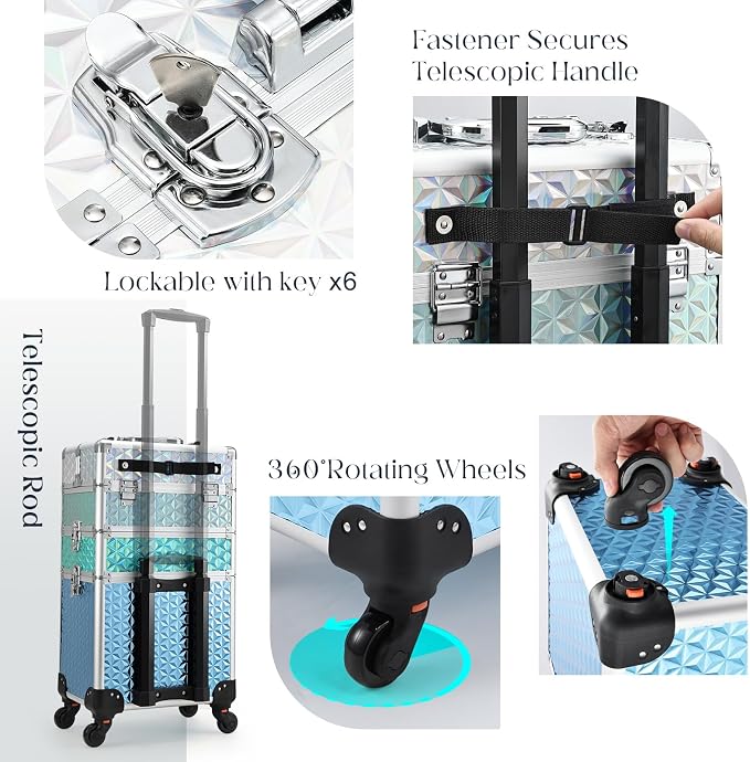 Professional Rolling Makeup Train Case 3 in 1 Aluminum Trolley Case with 360° Rotation Wheels for Makuep Artist Cosmetic Suitcase Organizer with Lock and Key Diamond Pattern - Turquoise Cascade - Image 4