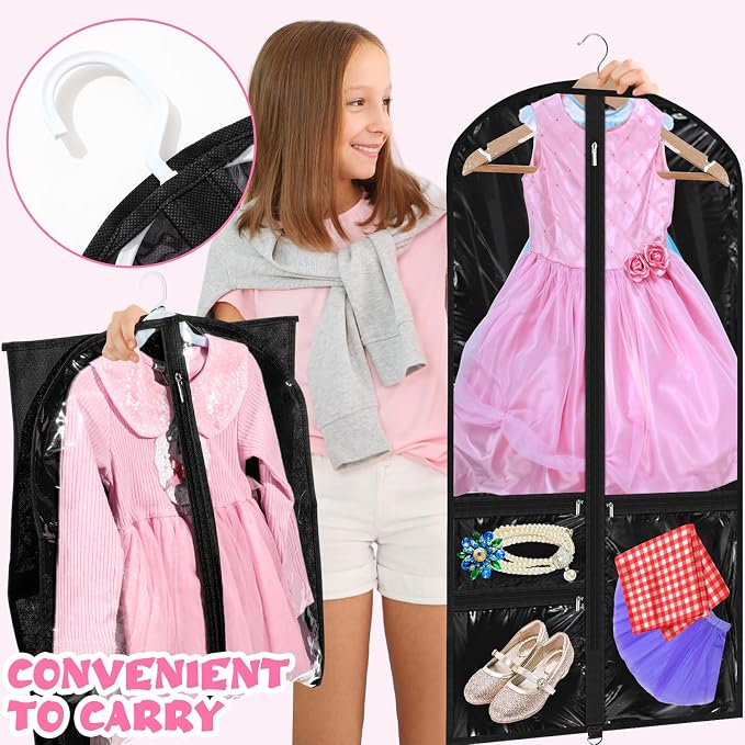 6 Pcs 24'' x 50'' Clear PVC Garment Bag Dance Costume Competition Bag with Rack Zippers Pockets Hanging Garment Covers Costume Organizer Costume Carrier for Adults Kids(Translucent Black) - Image 4