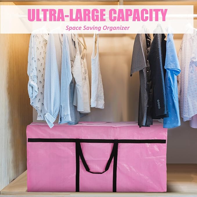 Windyun 4 Pack 75 Gallon Extra Large Moving Bags XXL Heavy Duty Storage Bag with Strong Zipper Handle Jumbo Big Tote Box Foldable for College Dorm Travel Clothes Duffle Blanket Pillow(Pink) - Image 6