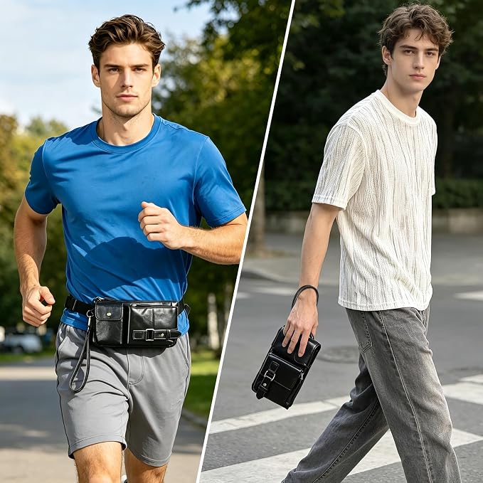Water Resistant Canvas + Leather Hiking Riding Travel Fanny Waist Pack Small Phone Pouch For Men Women FB811-29 (100% Leather-The 8135 Black) - Image 2